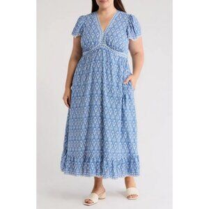 💕MAX STUDIO💕 Flutter Sleeve V-Neck Dress ~ Blue/White Rosette Tapestry 1X NWT